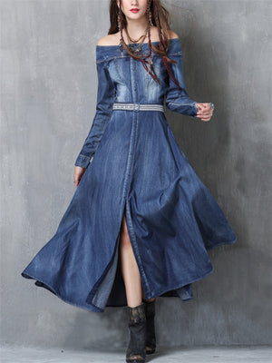 Women's Off-shoulder Pocket Denim Dress with Embroidered Belt