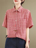 Cute Leaf Patch Button Up Lapel Retro Plaid Shirt for Women