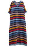 Colorful Stripes V Neck Vacation Long Dress for Women