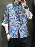 Multicolor Floral Printed Stand-Up Collar Shirt for Men