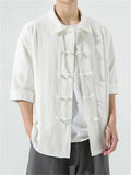 Men's Plain Cotton Linen Tassel Button Summer Tang Suit Shirt