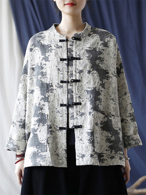 Women's Ethnic Style Black Grey Knot Button Linen Print Jacket