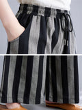 Retro Black Grey Stripes Cozy Linen Wide Leg Pants for Women