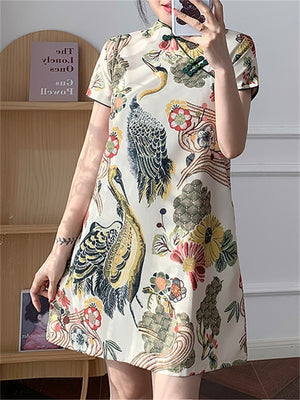 Loose Fit Crane Pattern Qipao Dress for Women