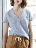 Simple Plain Deep V Neck Relaxed Linen Shirt for Women