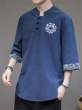 Retro Totem Embroidery Half Sleeve Linen Shirt for Men