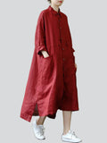 Women's Vintage Red Lapel Button Up Mid-Length Shirt Dress