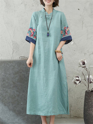 Ethnic Style Cuff Flower Embroidery Side Split Qipao Dress for Lady