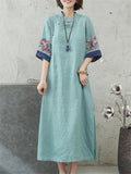 Ethnic Style Cuff Flower Embroidery Side Split Qipao Dress for Lady