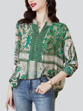 Women's Ethnic Style Green Leaf Print V Neck Half Sleeve Shirt