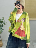 Cute Cartoon Print V Neck Button Long Sleeve Jacket for Women