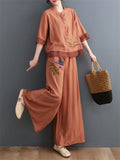 Floral Embroidered Shirt + Wide Leg Pants Female Two Piece Set