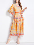 Ladies V-neck Lantern Sleeve Printed Chiffon Dress