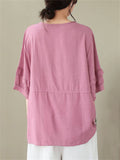 Women's Decorative Button Round Neck Relaxed Pullover Shirt