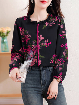 Rose Red Lily Print Ruffled Collar Long Sleeve Shirt for Ladies