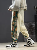 Side Floral Embroidery Elastic Waist Vintage Pants for Men