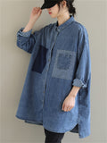 Women's Blue Single-Breasted Lapel Oversized Stylish Denim Shirt