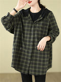 Women's Oversized Sport Button Up Plaid Hooded Jacket