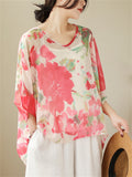 Sweet Red Floral Print See-Through Summer Shirt for Women