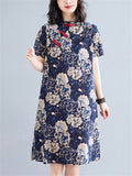 Women's White Peony Print Knee Length Navy Blue Qipao Dress