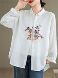 Women's Vibrant Flowers Embroidered Turn-down Collar Shirt