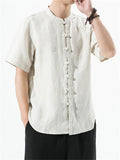 Men's Summer Plain Linen Stand Collar Button Up Shirt