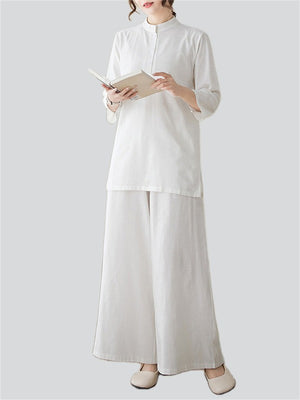 Women's Elegant Cozy Solid Color Stand Collar Shirt + Wide Leg Pants