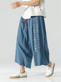 Men's Chinese Style Hanzi Embroidery Cotton Linen Wide Leg Pants