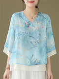 Women's Chinese Style V-Neck Double-Layer Floral Shirts