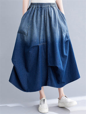 Women's Gradient Color Elastic Waist A-line Denim Skirts
