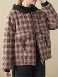 Women's Casual Hooded Zipper Short Plaid Cotton Coat