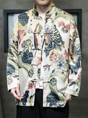 Men's Flower Leaf Print Vintage Tang Suit Tassel Button Jacket