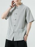 Men's Chinese Style Stand Collar Knot Button Summer Striped Shirt