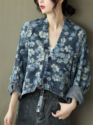 Female Casual V Neck Bat Sleeve Vintage Print Short Denim Jacket