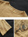 Chest Pocket Flower Embroidery Half Sleeve Loose Shirt for Women