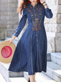 Female Lapel Embroidered Vintage A-line Denim Dress