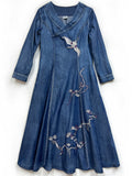 Women's Flying Bird Embroidery V-Neck Blue Denim Dress