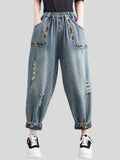 Literary Ripped Flowers Embroidered Denim Pants for Women