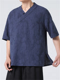 Men's Summer V Neck Short Sleeve Regular Fit Linen Shirt