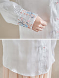 Women's Flower Embroidery Elegant Stand Collar White Shirt