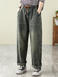 Women's Vintage Autumn Patchwork Casual Blue Denim Pants