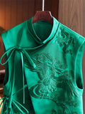 Women's Stand Collar Lace Up Flying Crane Embroidery Vest Jacket