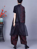 Women's Mesh Patchwork Sleeveless Top Elastic Waist Pants Set