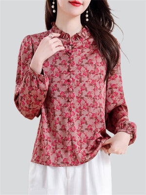 Retro Rose Red Floral Print Puff Sleeve Shirt for Ladies