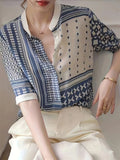 Elegant Stand Collar Geometric Print Single-Breasted Shirt for Lady