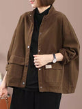 Ladies Simple Stand Collar Pocket Button Up Jacket