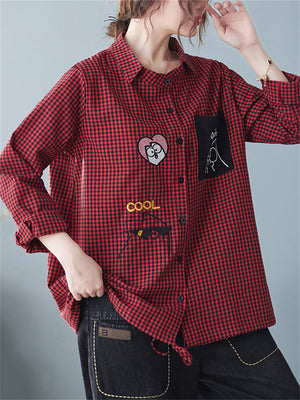 Trendy Cute Lapel Long Sleeve Plaid Shirt for Women