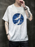 White Crane Embroidery Summer Round Neck T-shirt for Men