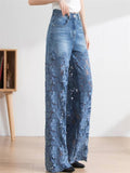 Women's Lace Flower Splicing High Waist Straight-Leg Jeans