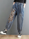 Women's Casual Plant Embroidery Loose Denim Harem Pants